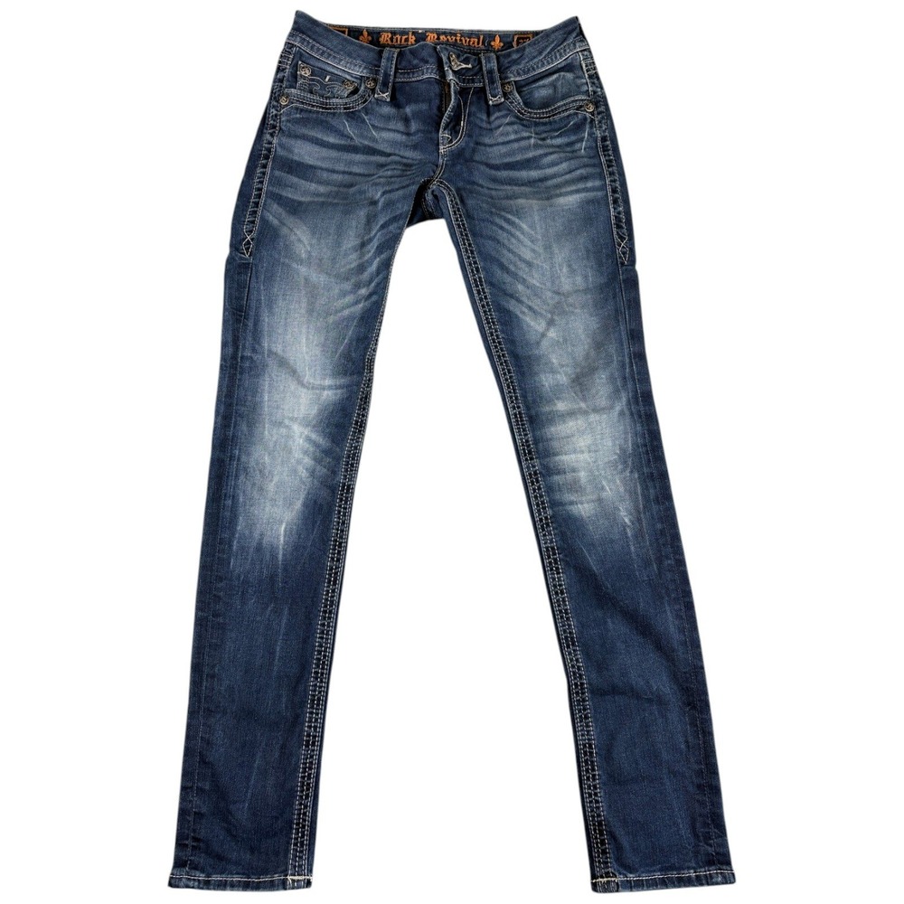 Rock Revival Jessica Skinny Jeans Women's 27 Blue Denim Y2K Western Distressed